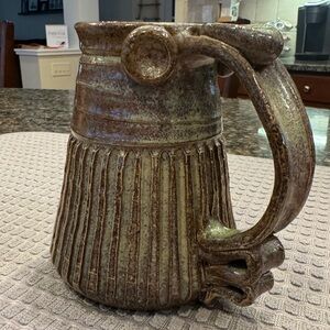 Unique Handmade Pottery Mug Stoneware Ridged Textured Brown Cream Earthy Signed